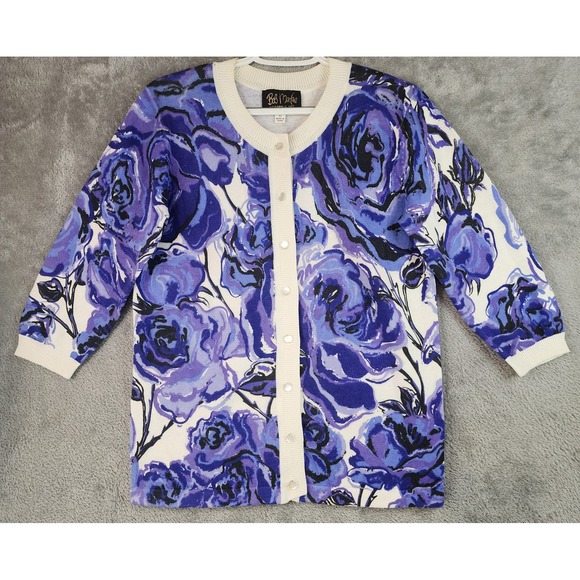 Bob Mackie Wearable Art Sweaters - Bob Mackie Wearable Art Sweater Womens XS Purple Blue Floral Rose Cardigan